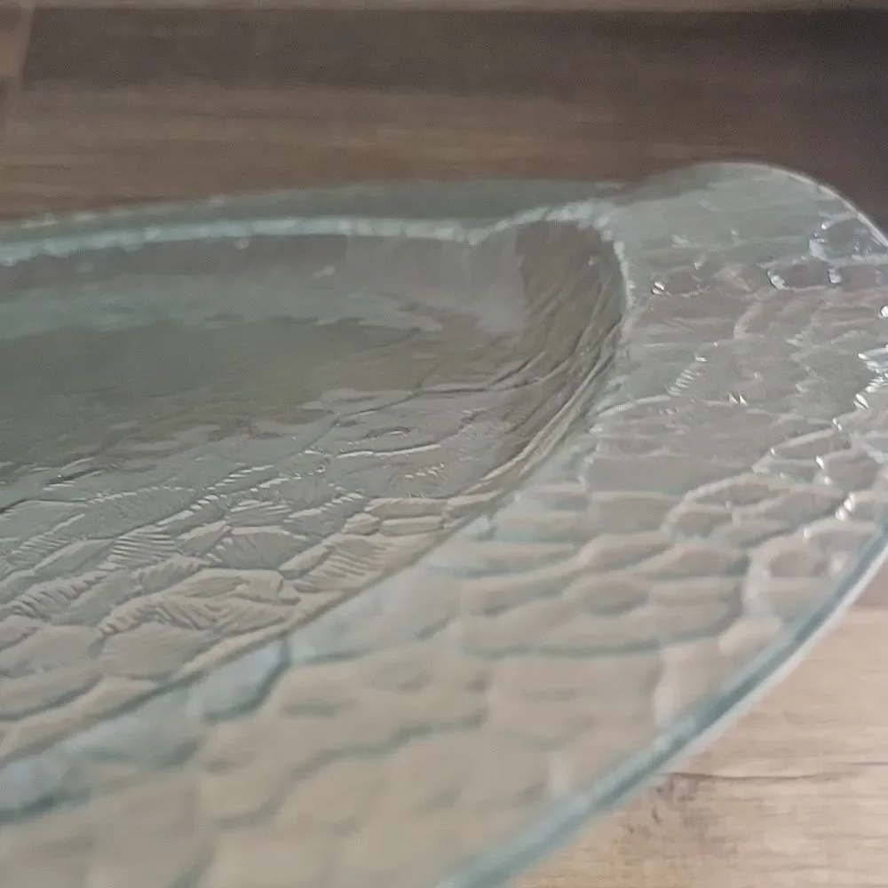 Vintage MCM Crackled Ice Glass Serving Platter With Molded Handles